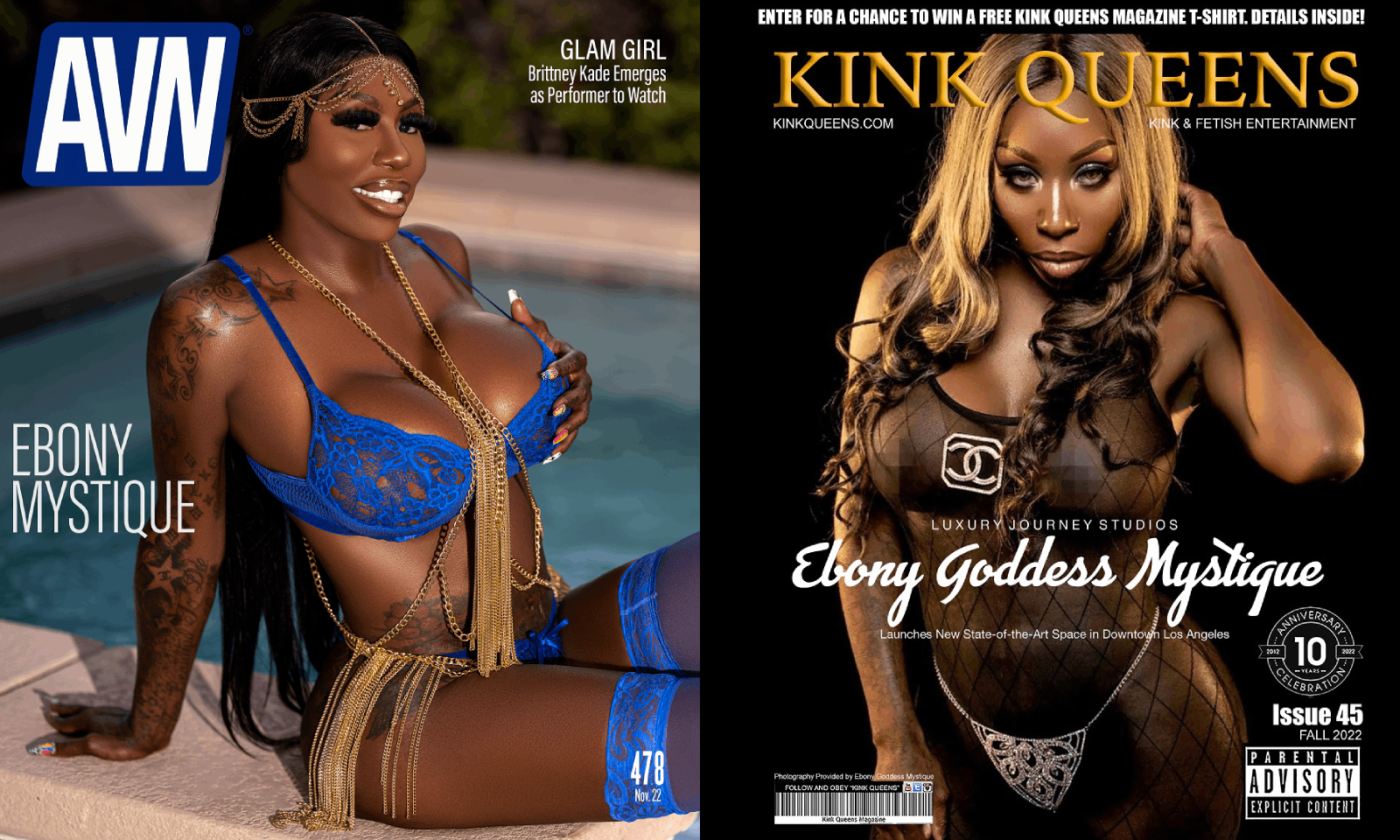 Ebony Mystique Appears on Covers of AVN, Kink Queens Magazines