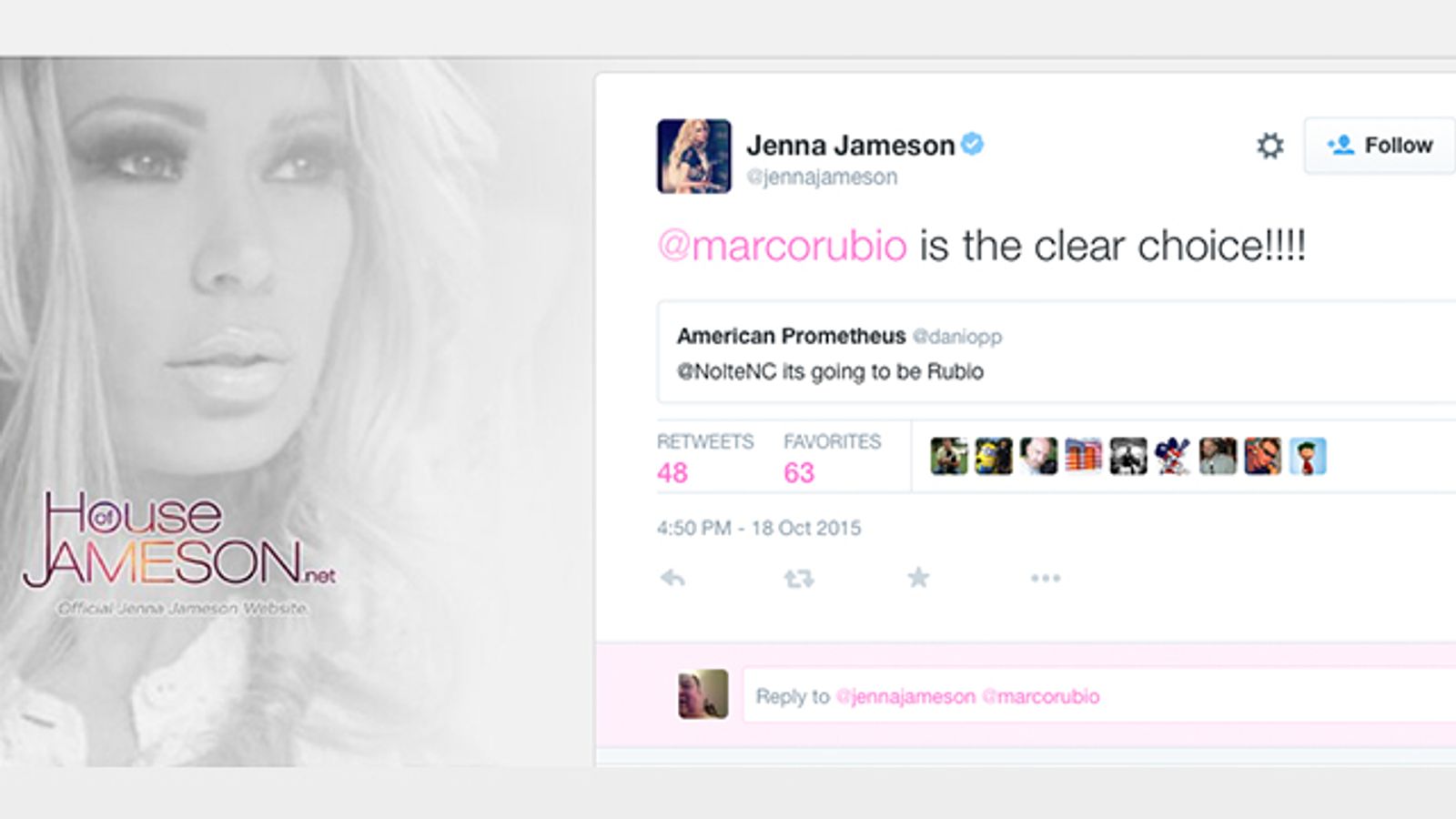 Jenna Jameson Supports Repugnican Marco Rubio for President